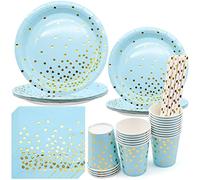 INHEMING Platos Fiesta Oro Azul 80 Piezas Juego de Vajilla Desechable Incluye Platos Servilletas Vasos Pajitas de Papel para Cumpleaños Baby Shower Niño Aniversarios Compromiso (20 Invitados)