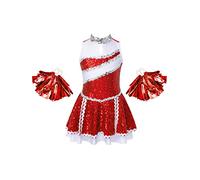 inhzoy Niñas Traje de Porristas Disfraz de Animadora para Fiesta Carnaval Vestido de Baile con Lentejuelas Vestido Corto Plisada sin Manga Uniforme de Escuela Rojo B 7-8 años