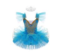 inhzoy Traje de Corona+Clips Floral Maillot Gimnasia Ritmica Niña con Falda Tutu Vestido Danza Ballet Maillot Lentejuelas Baile Disfraz Bailarina para Niña 3-14 Años Azul 9-10 años