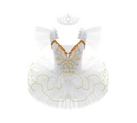 inhzoy Traje de Corona+Clips Floral Maillot Gimnasia Ritmica Niña con Falda Tutu Vestido Danza Ballet Maillot Lentejuelas Baile Disfraz Bailarina para Niña 3-14 Años Blanco 5-6 años