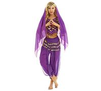 inhzoy Vestido Danza del Vientre para Mujer Disfraz de Princesa Árabe Traje de Baile India Lentejuelas Conjunto de Danza Oriental 4Pcs para Fiesta Actuación Morado Talla única