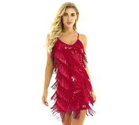 inhzoy Vestido de Baile Latino Lentejuelas para Mujer Vestido de Danza Tango Samba Rumba Salsa Flecos Disfraz Bailarina Traje Baile de Salón Rojo One_Size