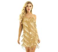 inhzoy Vestido de Baile Latino Lentejuelas para Mujer Vestido de Danza Tango Samba Rumba Salsa Flecos Disfraz Bailarina Traje Baile de Salón Dorado One_Size