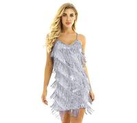 inhzoy Vestido de Baile Latino Lentejuelas para Mujer Vestido de Danza Tango Samba Rumba Salsa Flecos Disfraz Bailarina Traje Baile de Salón Gris One_Size