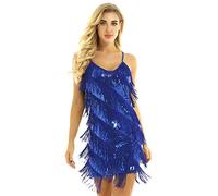 inhzoy Vestido de Baile Latino Lentejuelas para Mujer Vestido de Danza Tango Samba Rumba Salsa Flecos Disfraz Bailarina Traje Baile de Salón Azul One_Size