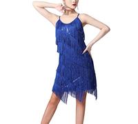 inhzoy Vestido de Baile Latino Lentejuelas para Mujer Vestido Flapper con Flecos de Lentejuelas Salsa Tango Salón de Baile Traje de Samba Chacha Disfraz Fiesta Dancewear Royal Blue A L