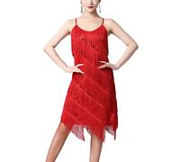 inhzoy Vestido de Baile Latino Lentejuelas para Mujer Vestido Flapper con Flecos de Lentejuelas Salsa Tango Salón de Baile Traje de Samba Chacha Disfraz Fiesta Dancewear Rojo A XL