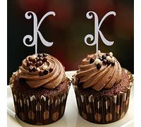 Inicial K - Decoración para cupcakes con letra de boda, monograma, corona, floral, romántica, para boda, compromiso, fiesta, suministros reutilizables personalizados, 26 letras, regalos de boda, plata