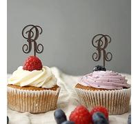 Inicial R - Decoración para cupcakes con una sola letra monograma con nombre, corona de flores, romántica para boda, despedida de soltera, suministros de fiesta, reutilizable, diseño de letras, color