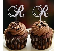Inicial R - Decoración para cupcakes con una sola letra, monograma, nombre, corona floral, romance, para bodas, aniversarios, fiestas, decoraciones reutilizables personalizadas, 26 letras, regalos de