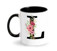 Inicial Taza personalizada con diseño de flores, taza de café alfabeto taza de cerámica taza negra regalo para mujer, amiga, mamá, colega para cumpleaños, día de la madre (L)