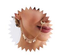 Inilbran Anillo de Nariz con Cadena de Borla Punk, Anillo de Nariz con Clip de Lentejuelas Vintage, Anillo de Nariz con Aro Dorado, Anillo de Nariz étnico no Perforado, joyería para Mujeres y niñas