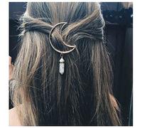 Inilbran bohemio Pinza de pelo de luna, horquilla de media luna hueca vintage horquilla con colgante de piedra natural pasador de pelo con gota de cristal hexagonal accesorio para el(piedra de mármol)