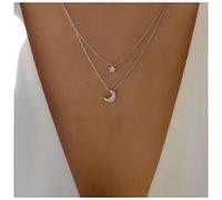 Inilbran Colgante Boho Vintage Luna y Estrella de Plata con Cristal - Collar Celestial Creciente para Mujeres y Niñas