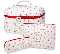 Initial Makeup Bag Set, Personalized Quilted Makeup Bag, Large Floral Cosmetic Bag for Women, Cute Cotton Custom Make up Bags, Flower Travel Toiletry Bag Teen Girl Gift Trendy Stuff Gift Red Cherry S