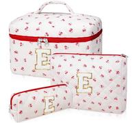 Initial Makeup Bag Set, Personalized Quilted Makeup Bag, Large Floral Cosmetic Bag for Women, Cute Cotton Custom Make up Bags, Flower Travel Toiletry Bag Teen Girl Gift Trendy Stuff Gift Red Cherry E