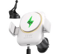 INIU Cargador Inalámbrico Coche 15W mag-Safe, Certificado Qi2 Carga Rápida con Ventilador y LED, Soporte Estable para iPhone 16 Pro Max/15/14/13/12 etc, Blanco