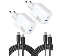 INIU Cargador USB C de 30 W, 2 unidades, [USB-C + USB-A] Fuente de alimentación múltiple con cable USB-C, conector PD 3.0, cargador rápido, adaptador USB C para iPhone 16 15 Pro Max, iPad Pro, Samsung