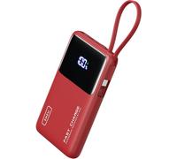 INIU Power Bank, Cargador Portátil de 10000 mAh 45W con Cable USB-C Integrado, USB C In&out, Batería Externa Carga Rapida Delgada y Liviana para iPhone 16 15 14 13 Samsung S23 S22 Google Rojo