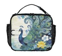 Ink and Wash - Bolsa de almuerzo aislada con estampado de pavo real para mujeres, adultos y niños, bolsa de almuerzo de poliéster reutilizable portátil, ideal para picnic, escuela, oficina, viajes