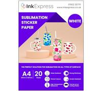 Ink Express Papel adhesivo de sublimación blanco A4, 20 hojas, compatible con impresoras de sublimación Epson, Sawgrass, colores vivos, brillante, blanco, resistente al agua