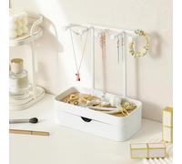 inkihuit Soporte para cadenas y joyas con cajones, soporte para joyas con base de almacenamiento de madera, organizador compacto con 5 ganchos, para cadenas y pulseras, anillos y pendientes, color