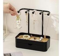 inkihuit Soporte para cadenas y joyas con cajones, soporte para joyas con base de almacenamiento de madera, organizador compacto con 5 ganchos, para cadenas y pulseras, anillos y pendientes, negro