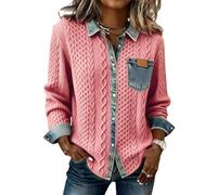INLANDSIS Camisa vaquera de punto para mujer, para otoño e invierno, vintage, de punto gofre, chaqueta de punto gofre, manga larga, cuello abotonado, rosa, 3XL