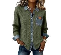 INLANDSIS Camisa vaquera de punto para mujer, para otoño e invierno, vintage, de punto gofre, chaqueta de punto gofre, manga larga, cuello abotonado, Ejercito Verde, XXL