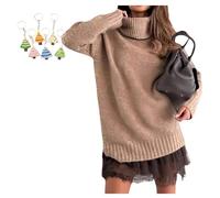 INLANDSIS Conjunto de minivestido tipo suéter de cuello alto para mujer, combina un suéter suave con un elegante vestido de encaje, caqui, M