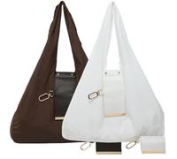 INLANDSIS Keychain Tote Bag, Lightweight & Compact Foldable Vegan Leather Mini Bags with Key Ring, Expands into Spacious Shopping Tote (Coffee+White,L)