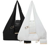 INLANDSIS Keychain Tote Bag, Lightweight & Compact Foldable Vegan Leather Mini Bags with Key Ring, Expands into Spacious Shopping Tote (Black+White,L)