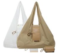 INLANDSIS Keychain Tote Bag, Lightweight & Compact Foldable Vegan Leather Mini Bags with Key Ring, Expands into Spacious Shopping Tote (White+Khaki,L)