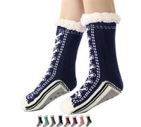 INLANDSIS Ultra-Thick Cashmere Slipper Home Socks, Winter Warm Non-Slip Fluffy Plush Comfy Sleeping Footwear for Christmas (Navy Blue)