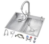 Inless - Fregadero de acero con tabla de lavado, diseño de doble cuenco para baño y balcón, grifo extraíble incluido, color izquierdo, tamaño 80 x 48 x 22 cm
