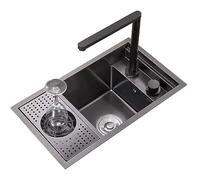Inless - Fregadero de acero con tapa, diseño invisible que ahorra espacio para cafeterías, restaurantes, caravanas, incluye grifo elevador, color negro, 58 x 32 x 23 cm