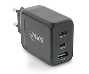 InLine 31506F - Cargador USB de 3 puertos, 2 puertos USB-C, 1 USB-A, tecnología GaN, 65 W, cargador rápido, PD3.0, QC 4+, fuente de alimentación para MacBook/Air, iPhone/mini, iPad, Pixel y más, color
