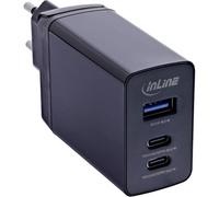 Inline 31516D TravelCharge - Fuente de alimentación (3 Puertos, 65 W, tecnología GAN, 2 Puertos USB-C (PD3.0, PPS, QC4+), 1 Puerto USB-A (QC3.0), Adaptador de Viaje EU/UK/US, Color Negro