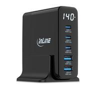 Inline 31553 - Cargador USB de 5 Puertos, Pantalla Digital con Consumo de energía Actual, 3 Puertos USB-C + 2 USB A, GAN, 140 W, Cargador rápido, PD3.0, QC3.0, Fuente de alimentación para iPhone/Pro