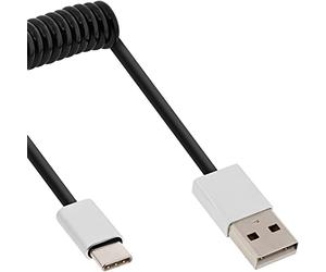 InLine 35871 - Cable en Espiral USB 2.0 (Macho USB Tipo C a Conector A Macho, Negro, Aluminio, Flexible, 1 m)