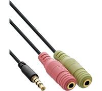 InLine 99302j Adaptador Auricular Audio Cable, Clavija de 3,5 mm 4 Polos a 2 x 3,5 mm Jack Hembra, 1 m, Color Negro