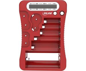 Inline Compactador de batería con pantalla LCD, apto para AA, AAA, C, D, 9 V, CR123A, pilas de botón, CR-V3, 2CR5, sin toma de corriente, color rojo, 01285R