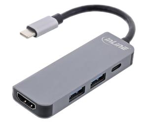 InLine® Hub Multifunción USB 3.2 Gen.1, 2 x USB-A 5Gb/s + HDMI 4K/30Hz + USB Type-C PD 87W, Aluminio, Gris