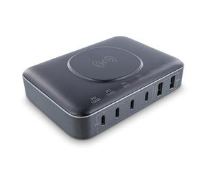 InLine Qi Powerstation de 6 puertos, cargador inalámbrico, 4 x USB-C, 2 x USB-A, GaN, 100 W, cargador rápido, fuente de alimentación para MacBook Pro/Air, iPhone/Pro/Mini, iPad Pro, píxeles y más,