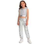 inlzdz Conjunto Danza Urbana De Brillante Metálico para Niñas Top Corto Lentejuelas con Capucha Ropa De Baile Callejero Actuación Plateado 11-12 años