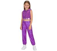 inlzdz Conjunto Danza Urbana De Brillante Metálico para Niñas Top Corto Lentejuelas con Capucha Ropa De Baile Callejero Actuación Morado 9-10 años