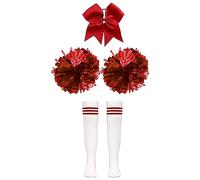 inlzdz Conjunto de Animadora para niñas con dos Pompones de Porristas calcetines de tubo hasta la rodilla y Pinza Disfraz de Carnaval Un blanco y rojo 10-15 años