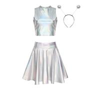 inlzdz Conjunto de disfraz de alien para mujeres con crop top +diademas de alienígena +falda brillante metálica disfraz de alienígena para Halloween cosplay Plata B S