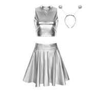 inlzdz Conjunto de disfraz de alien para mujeres con crop top +diademas de alienígena +falda brillante metálica disfraz de alienígena para Halloween cosplay Plata A S