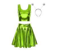 inlzdz Conjunto de disfraz de alien para mujeres con crop top +diademas de alienígena +falda brillante metálica disfraz de alienígena para Halloween cosplay verde fluorescente C XL